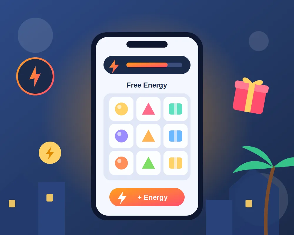 Phone screen with an energy bar, merge board and a plus energy button